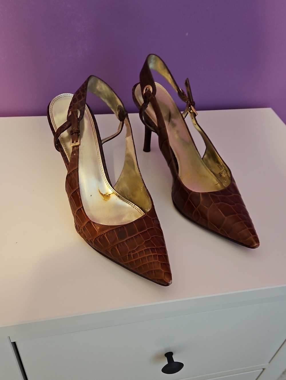 Enzo Angiolini Brown Croc-Embossed Pointed Slingback Pumps
